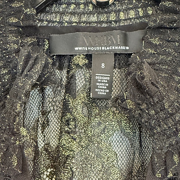 White House Black Market Black Sheer Lace Blouse with Gold Metallic Thread - Picture 6 of 7